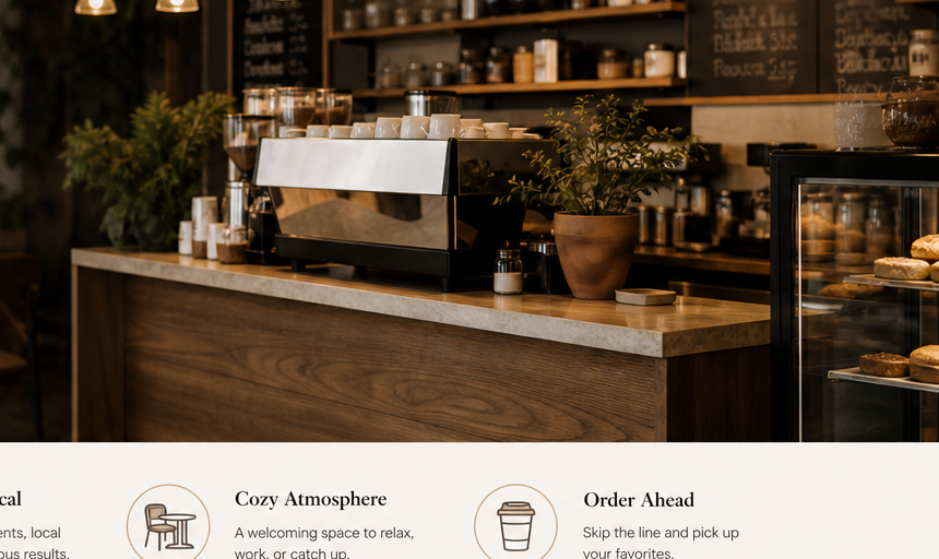 Warm café interior with espresso machine, wooden counter, shelves of cups, and hanging pendant lights